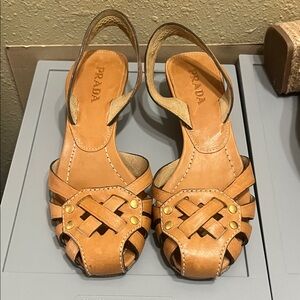 Prada Tan Leather Studded Slingbacks